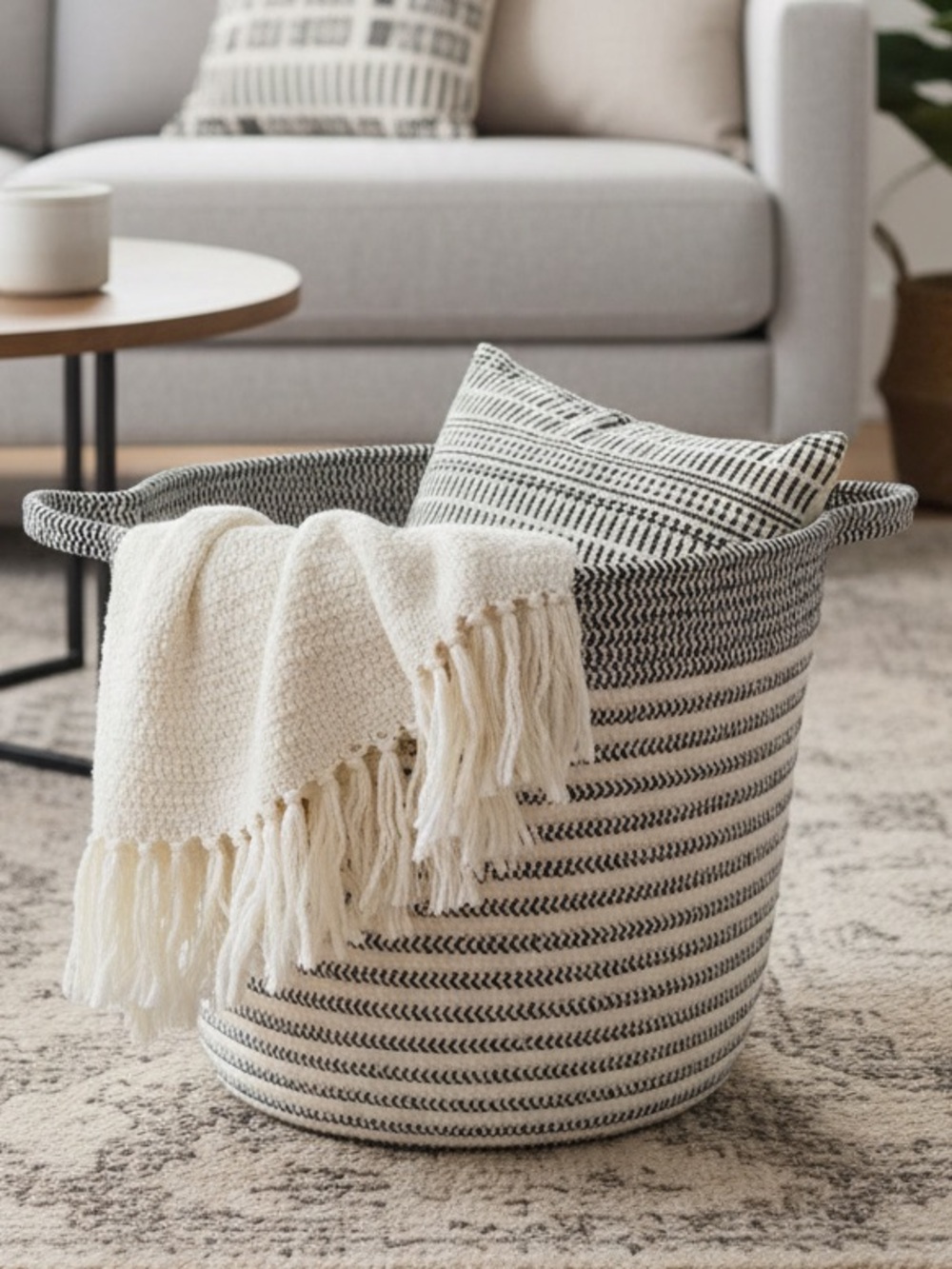Container Store Woven Cotton Rope Storage Basket - Black and Cream